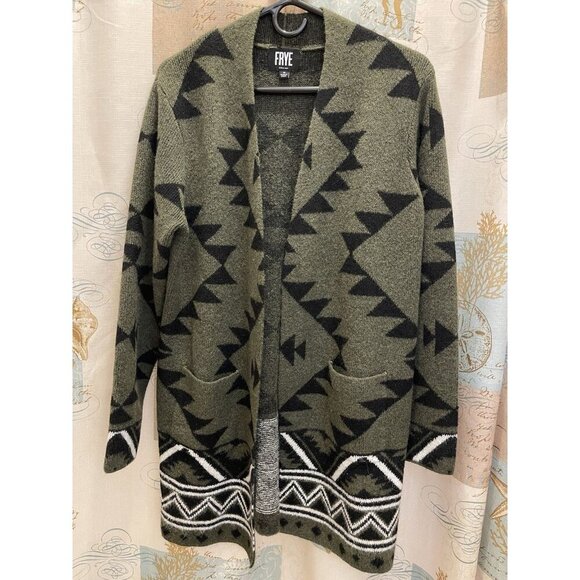 Frye Womens The Cozy Cardigan Green Navajo Tribal Western Pockets Knit Med Long - Picture 2 of 12